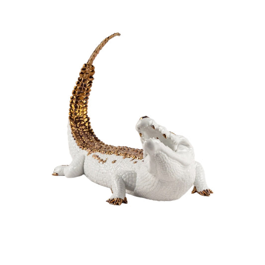 Lladró: Crocodile Figurine. White and Copper.