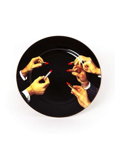 Seletti - Wears Toiletpaper Porcelain Plates: Porcelain Plate Lipstick Black Gold Border